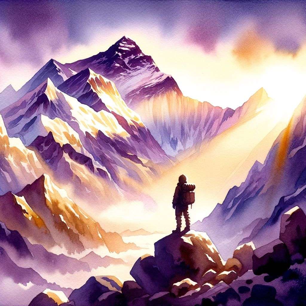 someone gazing at Mount Everest, painting, two color